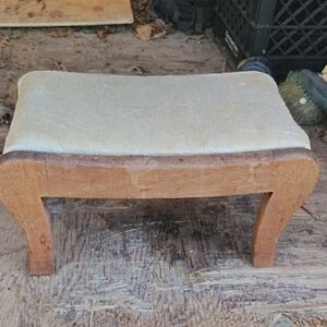 Antique Wood Footstool with Cream Upholstery